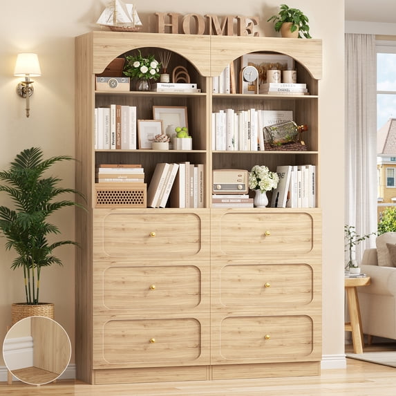 Aheaplus 80" Arched Wooden Bookcase Set of 2 - 6-Tier Open Shelves & 6-Drawer Storage Organizer Cabinet, Wall-Mounted Design for Living Room, Office, Home Library,Brown