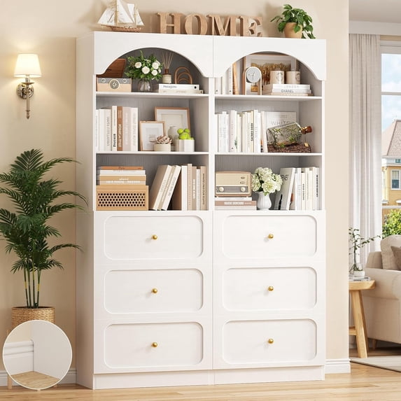 Aheaplus 80" Arched Wooden Bookcase Set of 2 - 6-Tier Open Shelves & 6-Drawer Storage Organizer Cabinet, Wall-Mounted Design for Living Room, Office, Home Library,White