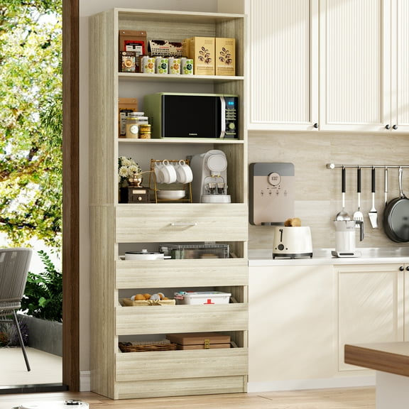 Aheaplus 80"H Pantry Cabinet Hutch with 4 wooden drawers,Buffet Storage Cabinet with 2 Adjustable Shelves,Storage Hutch for Dining Room, living room and office, (21.3"Lx15.8"Wx 80" H),White Oak