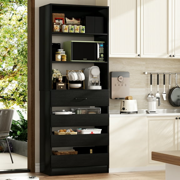 Aheaplus 80"H Pantry Cabinet Hutch with 4 wooden drawers,Buffet Storage Cabinet with 2 Adjustable Shelves,Storage Hutch for Dining Room, living room and office, (21.3"Lx15.8"Wx 80" H),Black