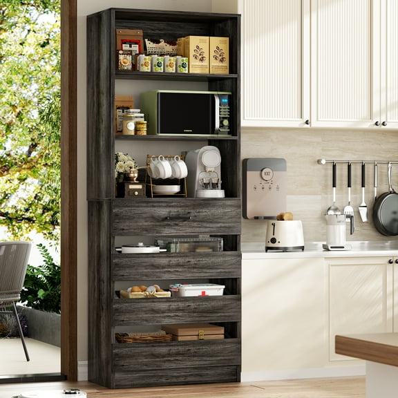 Aheaplus 80"H Pantry Cabinet Hutch with 4 wooden drawers,Buffet Storage Cabinet with 2 Adjustable Shelves,Storage Hutch for Dining Room, living room and office, (21.3"Lx15.8"Wx 80" H),Gray Oak