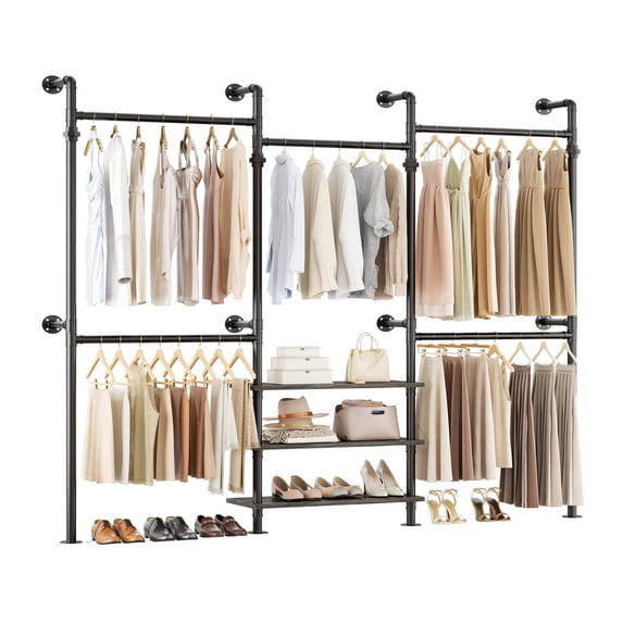 Aheaplus 84"-128" Adjustable Metal Pipe Clothing Rack ,Wall-Mounted Garment Rack, Heavy-Duty 1000LB Capacity, 3-Tier Wood Shelves, L-Shape or Straight ,Gray Oak