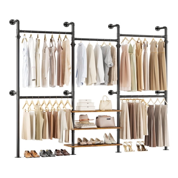 Aheaplus 84"-128" Adjustable Metal Pipe Clothing Rack ,Wall-Mounted Garment Rack, Heavy-Duty 1000LB Capacity, 3-Tier Wood Shelves, L-Shape or Straight ,Rustic Brown