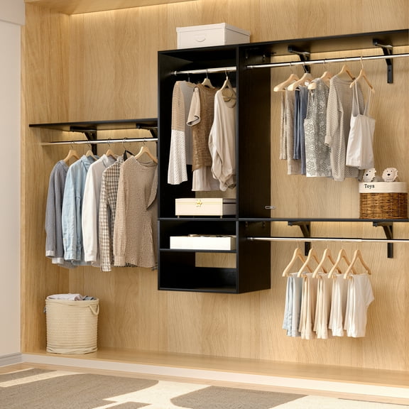 Aheaplus 8FT Hanging Closet System, 96 Inch Closet Organizer System with Hanging Rod, Walk In Mounted Closet System, Built-In Clothes Garment Rack with 3 Shelving Towers(Can Be Cut To Fit), Black