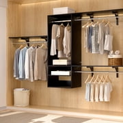 Aheaplus 8FT Hanging Closet System, 96 Inch Closet Organizer System with Hanging Rod, Walk In Mounted Closet System, Built-In Clothes Garment Rack with 3 Shelving TowersCan Be Cut To Fit, Black