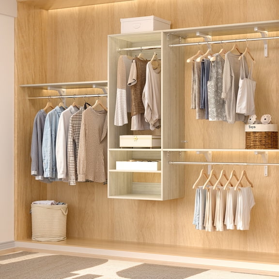 Aheaplus 8FT Hanging Closet System, 96 inch walk in Closet Organizer System with Hanging Rod, Built-in Clothes Garment Rack with 3 Shelving Towers(Can Be Cut To Fit), Oak
