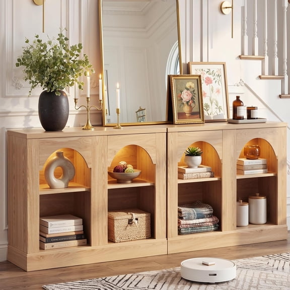 Aheaplus 94" Farmhouse Arched Console Table with LED Lights & Adjustable Shelves - Sideboard Buffet Storage for Entrance, Hallway, Living Room,Natural Oak