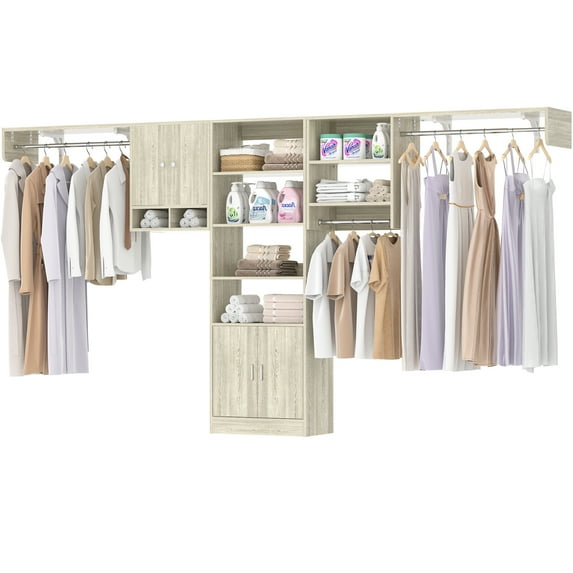 Aheaplus 96" Closet & 118" Laundry Wall Organizer Combo - Heavy Duty Adjustable Shelves, Hanger Rods, Space-Saving Design, White Oak