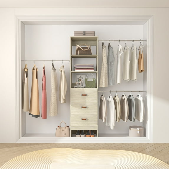Aheaplus 96'' Closet Organizer System with 3 Hanging Rods (Without 3 Storage Shelves), 8FT Closet Systems, Wall Mount Wardrobe with 3 Wood Drawers, Adjustable Garment Rack from 5 to 8FT, White Oak