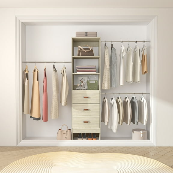 Aheaplus 96'' Closet Organizer System with 3 Hanging Rods (Without 3 Storage Shelves), 8FT Closet Systems, Wall Mount Wardrobe with 3 Wood Drawers, Adjustable Garment Rack from 5 to 8FT, White Oak