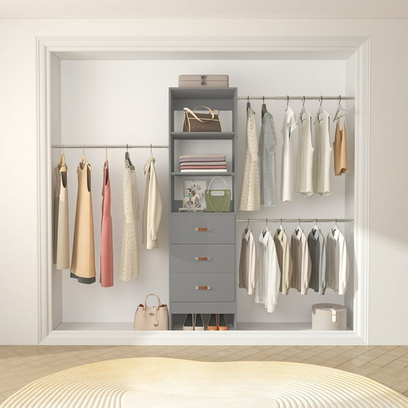 Aheaplus 96'' Closet Organizer System with 3 Hanging Rods (Without 3 Storage Shelves), 8FT Closet Systems, Wall Mount Wardrobe with 3 Wood Drawers, Adjustable Garment Rack from 5 to 8FT, Gray