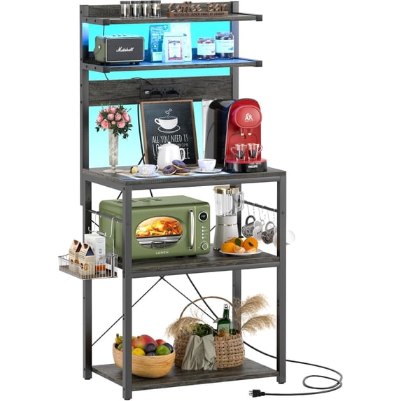 Bakers Rack with Power Outlet, Microwave Stand, 5 Tiers Coffee Bar Station with Led Lights, Kitchen Storage Shelf with 6 S-shaped Hooks, Kitchen Rack for Spices, Pots and Pans, Black Oak