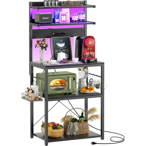 Bakers Rack with Power Outlet, Microwave Stand, 5 Tiers Coffee Bar Station with Led Lights, Kitchen Storage Shelf with 6 S-Shaped Hooks, Kitchen Rack for Spices, Pots and Pans, Black