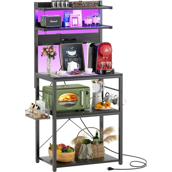 Bakers Rack with Power Outlet, Microwave Stand, 5 Tiers Coffee Bar Station with Led Lights, Kitchen Storage Shelf with 6 S-Shaped Hooks, Kitchen Rack for Spices, Pots and Pans, Black