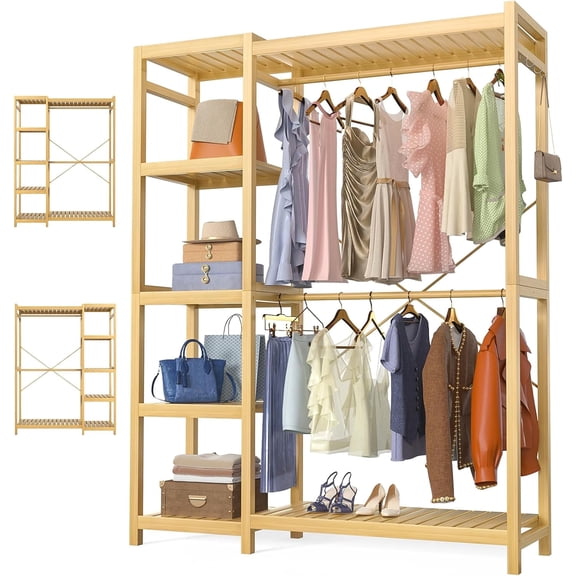 Aheaplus Bamboo Clothes Rack Garment Rack for Hanging Clothes, Heavy Duty Clothing Rack with 7 Tiers Adjustable Shelves, Double Rods, 4 Hooks, Freestanding Closet System Organizer Wardrobe, Natural