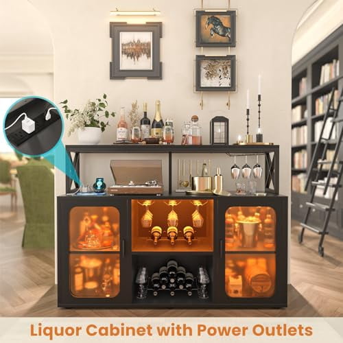 Aheaplus Bar Cabinet with Power Outlets, Liquor Cabinet with Led Lights ...
