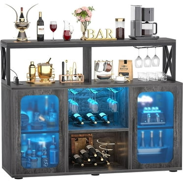 Aheaplus Bar Cabinet with Power Outlets, Liquor Cabinet with Led Lights and Glass Holder, Storage Buffet Cabinet Coffee Bar Cabinet for Liquor, Wine Cabinet with Racks, RustivBrown