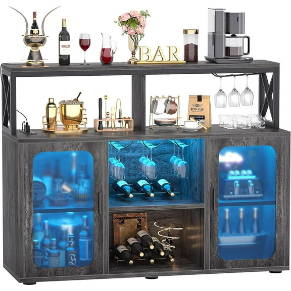 Aheaplus Bar Cabinet with Power Outlets, Liquor Cabinet with Led Lights and Glass Holder, Storage Buffet Cabinet Coffee Bar Cabinet for Liquor, Wine Cabinet with Racks for Home, Kitchen, Grey Oak