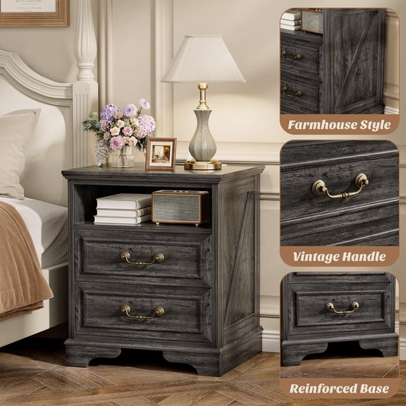 Aheaplus Charging Nightstand: Farmhouse Bedside Table with 2 USB Ports, 3 Outlets, 2 Drawers & Shelf for Bedroom,Gray Oak