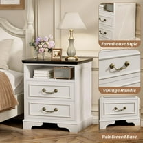 Aheaplus Charging Nightstand: Farmhouse Bedside Table with 2 USB Ports, 3 Outlets, 2 Drawers & Shelf for Bedroom,Rustic White