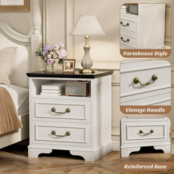 Aheaplus Charging Nightstand: Farmhouse Bedside Table with 2 USB Ports, 3 Outlets, 2 Drawers & Shelf for Bedroom,Rustic White