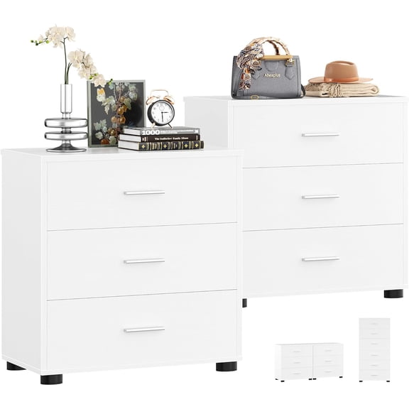 Aheaplus Closet Drawers Set of 2, Wood Closet Organizers and Storage with 3 Drawers, Closet Drawers Organizer System, Nightstands Bedside End Table with 3 Drawers Storage for Bedroom, White