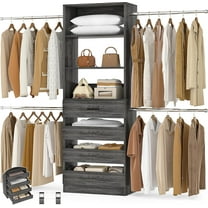 Aheaplus Closet System, 4-9 Ft Closet Organizer with 4 Wooden Drawers, Wood Closet Organizer System with Tower, Walk-in Closet Organizer Wardrobe Clothes Rack with 4 Hanging Rods, Black Oak