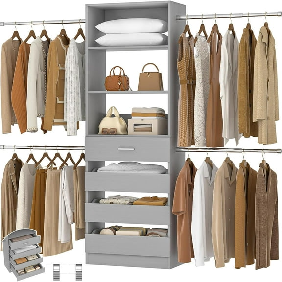 Aheaplus Closet System, 4-9Ft Closet Organizer with 4 Wooden Drawers, Wood Closet Organizer System with Tower, Walk-in Closet Organizer Wardrobe Garment Clothes Rack with 4 Hanging Rods, Grey