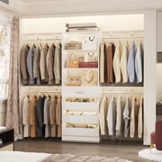 Aheaplus Closet System with 4 Drawers, 8FT Wood Closet Organizer System, 96  Closet Built In System Tower with Shelves, Walk-in Closet Wardrobe Clothes Garment Rack, Fits Spaces 4-9 ft, White