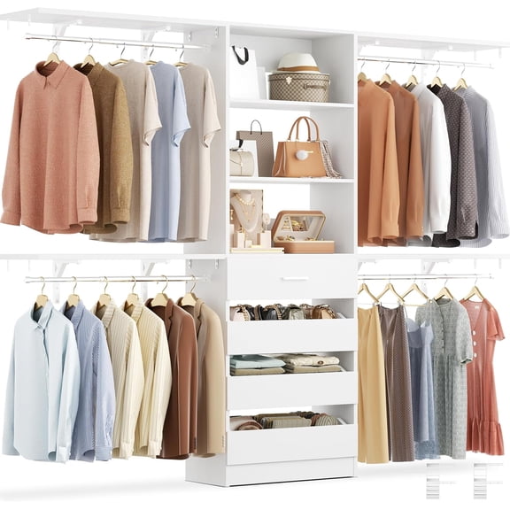 Aheaplus Closet System with 4 Drawers, 8FT Wood Closet Organizer System, 96 Closets Built In System Tower with Shelves, Walk-in Closets Wardrobe Clothes Garment Rack, Fits Spaces 4-9 ft, White