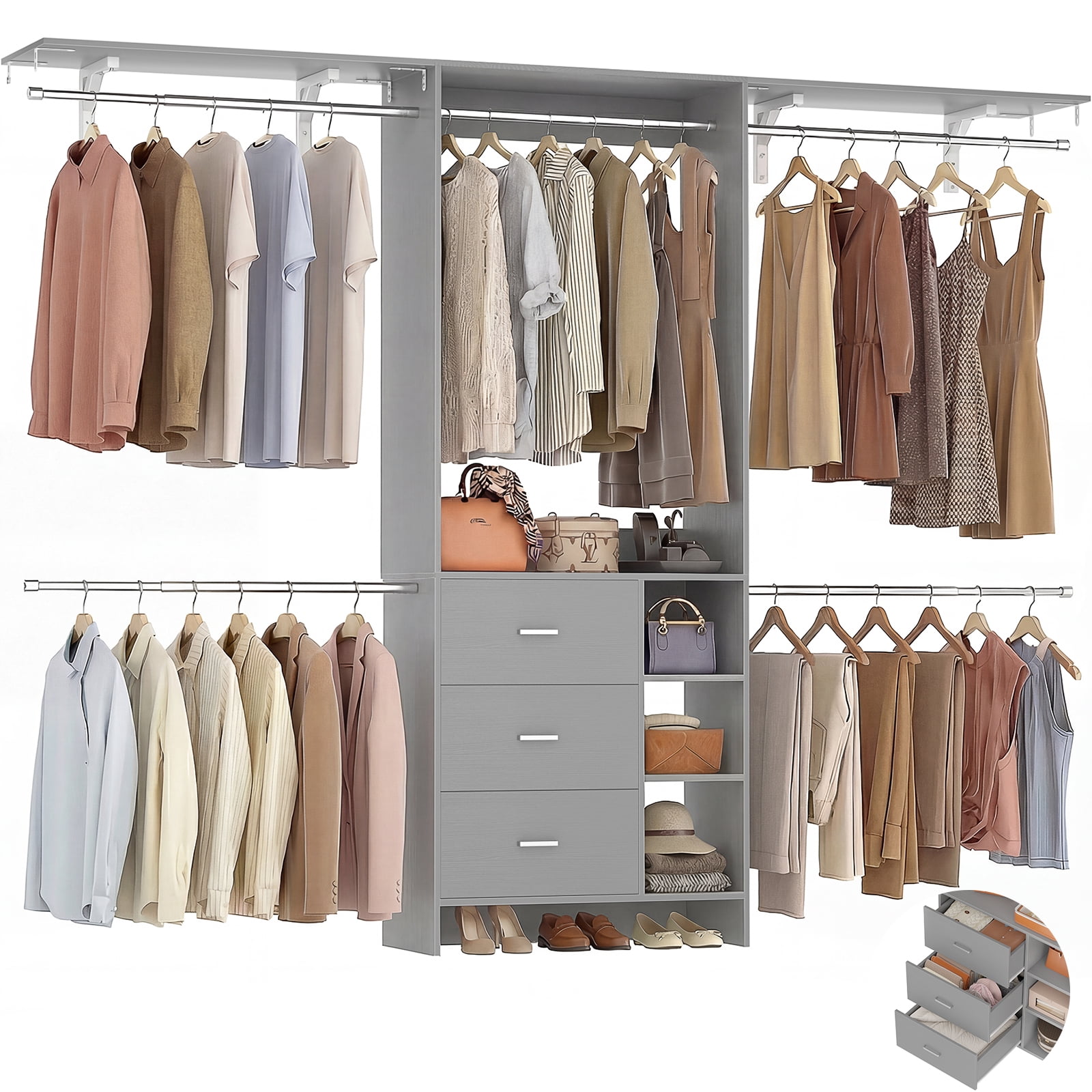 Aheaplus Closet System, Closet Organizer with 3 Wooden Drawers