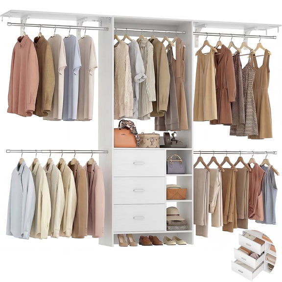 Aheaplus Closet System, Closet Organizer with 3 Wooden Drawers, 8FT Closet Organizer System, 96’’ Walk-in Closet Wardrobe Clothes Rack with Hanging Rods, Adjustable Garment Rack, Fits 5.3-9 ft, White