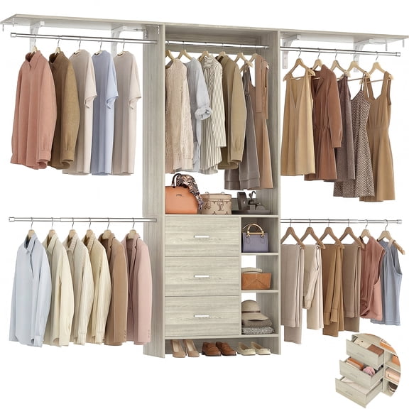 Aheaplus Closet System, Closet Organizer with 3 Wooden Drawers, 8FT Closet Organizer System, 96’’ Walk-in Closet Wardrobe Clothes Rack with Hanging Rods, Garment Rack, Fits 5.3-9 ft, White Oak