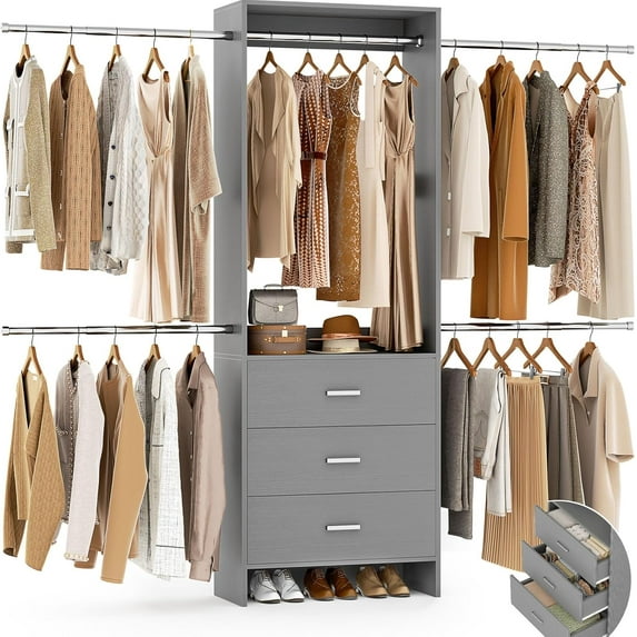 Aheaplus Closet System, Closet Organizer with 3 Wooden Drawers, Closet Organizer System, Walk-in Closet Wardrobe Clothes Rack with 4 Hanging Rods, Garment Rack, -4R, Grey