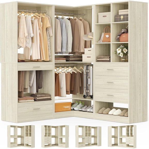 Aheaplus Closet System Organizer Set with Drawers, Pants Rack, Cube Storage & Hanging Rods – Includes Shoe Storage & Anti-Tip Kit – Expandable, Easy to Install, White Oak
