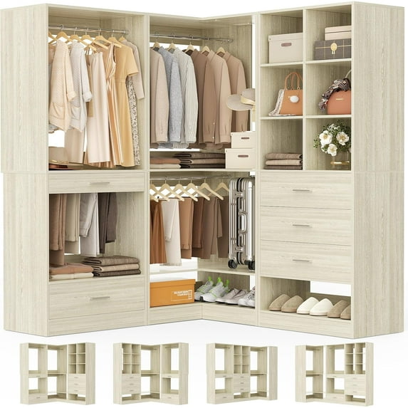 Aheaplus Closet System Organizer Set with Drawers, Pants Rack, Cube Storage & Hanging Rods – Includes Shoe Storage & Anti-Tip Kit – Expandable, Easy to Install, White Oak