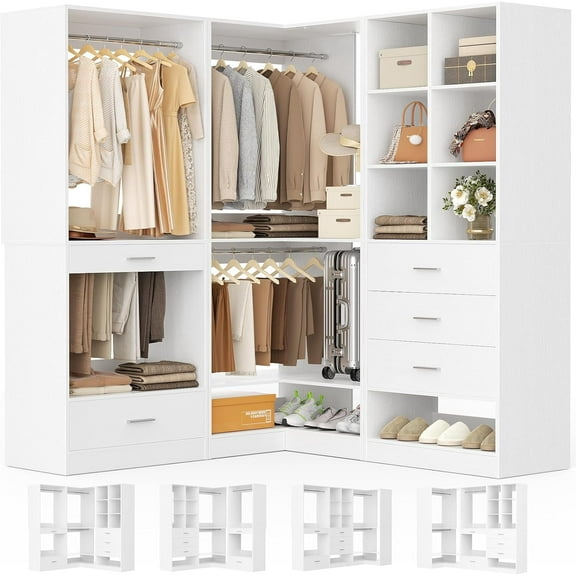 Aheaplus Closet System Organizer Set with Drawers, Pants Rack, Cube Storage & Hanging Rods – Includes Shoe Storage & Anti-Tip Kit – Expandable, Easy to Install, White