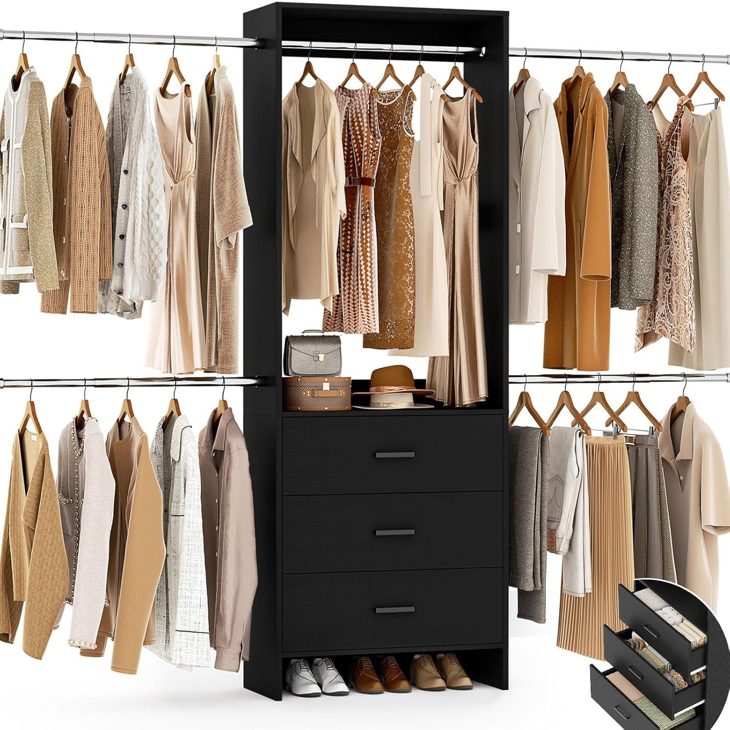 Aheaplus Closet System With 3 Wooden Drawers, Walk-in Wardrobe ...