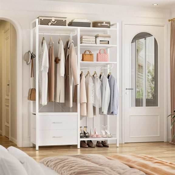 Aheaplus Clothes Rack - Reversible with 2 Drawers, Heavy Duty Garment Rack with Shelves, 6-Tier Freestanding Portable Wardrobe with Hanging Hooks, White