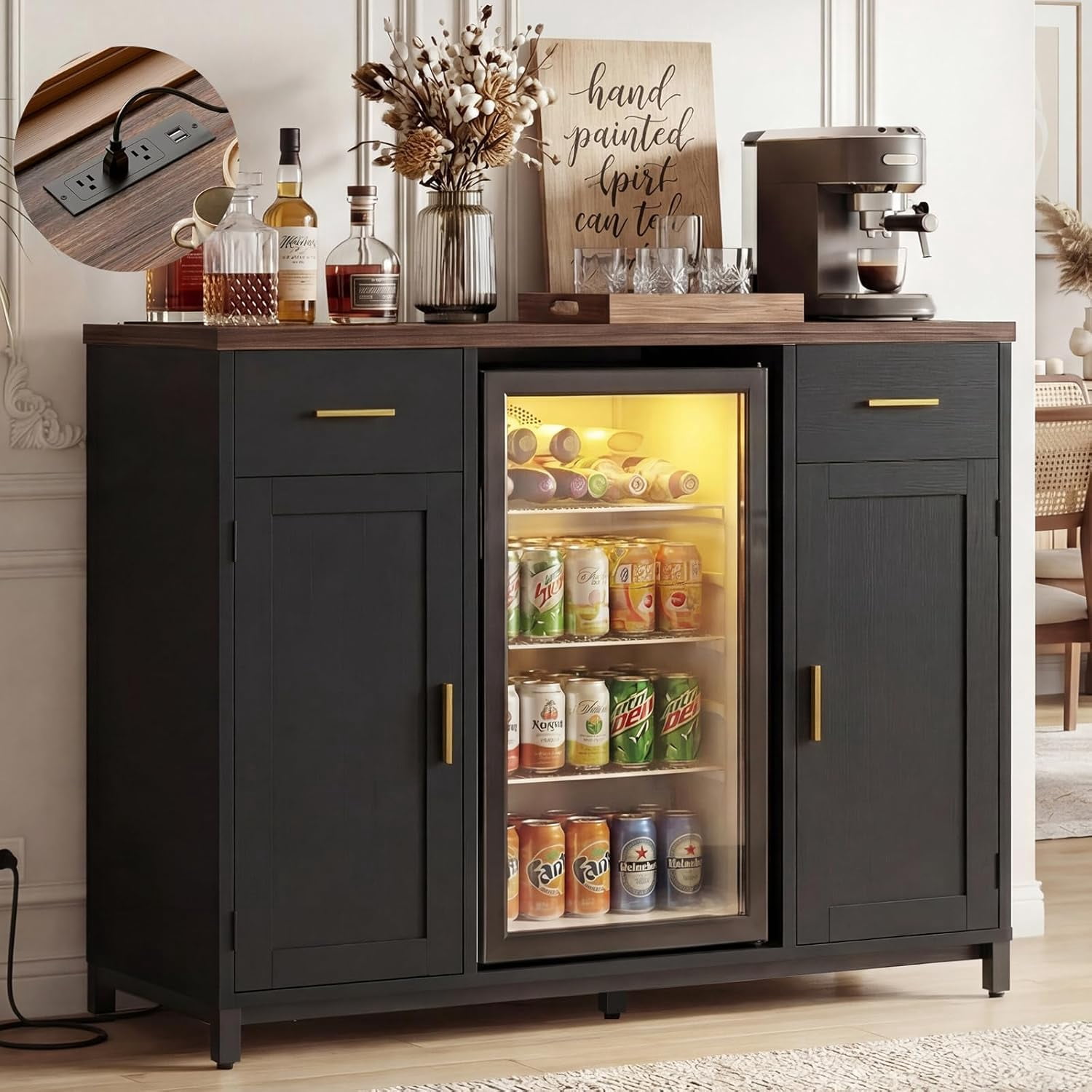 Aheaplus Coffee Bar Cabinet with Mini Fridge Space, Power Outlet ...