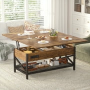 Aheaplus Lift Top Coffee Table with LED Lights & Power Outlet, Convertible to Dining Table, Multi-Functional Center Table with Shelves for Living Room, Home Office, Reception Areas,Rustic Brown