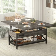 Aheaplus Lift Top Coffee Table with LED Lights & Power Outlet, Convertible to Dining Table, Multi-Functional Center Table with Shelves for Living Room, Home Office, Reception Areas,Gray Oak