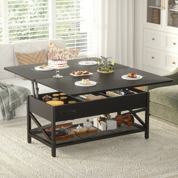 Aheaplus Lift Top Coffee Table with LED Lights & Power Outlet, Convertible to Dining Table, Multi-Functional Center Table with Shelves for Living Room, Home Office, Reception Areas,Black