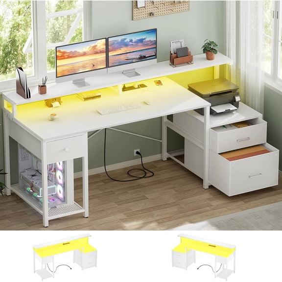 Hanyu Computer Desk with 3 Drawers, Home Office Desk with File Drawer & Power Outlet, 59'' Gaming Desk with Led Lights, Long Work Desk with Storage Shelves, Printer Cabinet and Monitor Shelf, Whit
