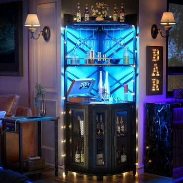 Aheaplus Industrial-Style Corner Bar Cabinet with Power Outlet & LED Lighting, 5-Tier Liquor & Wine Storage Unit with Glass Shelves, Space-Saving Display Cabinet for Small Spaces,Black