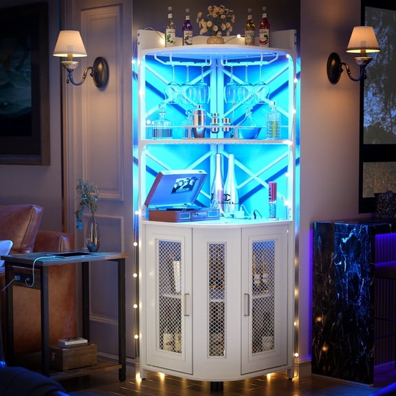 Aheaplus Industrial-Style Corner Bar Cabinet with Power Outlet & LED Lighting, 5-Tier Liquor & Wine Storage Unit with Glass Shelves, Space-Saving Display Cabinet for Small Spaces,White