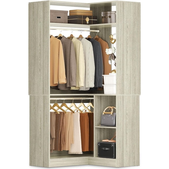 Aheaplus Corner Closet System with Shelves, 34’’ Closet Organizer System with Hanging Rods, Wood Walk-in Closets for Corner Small Space,Freestanding Corner Tower, L Shaped Garment Rack, Black