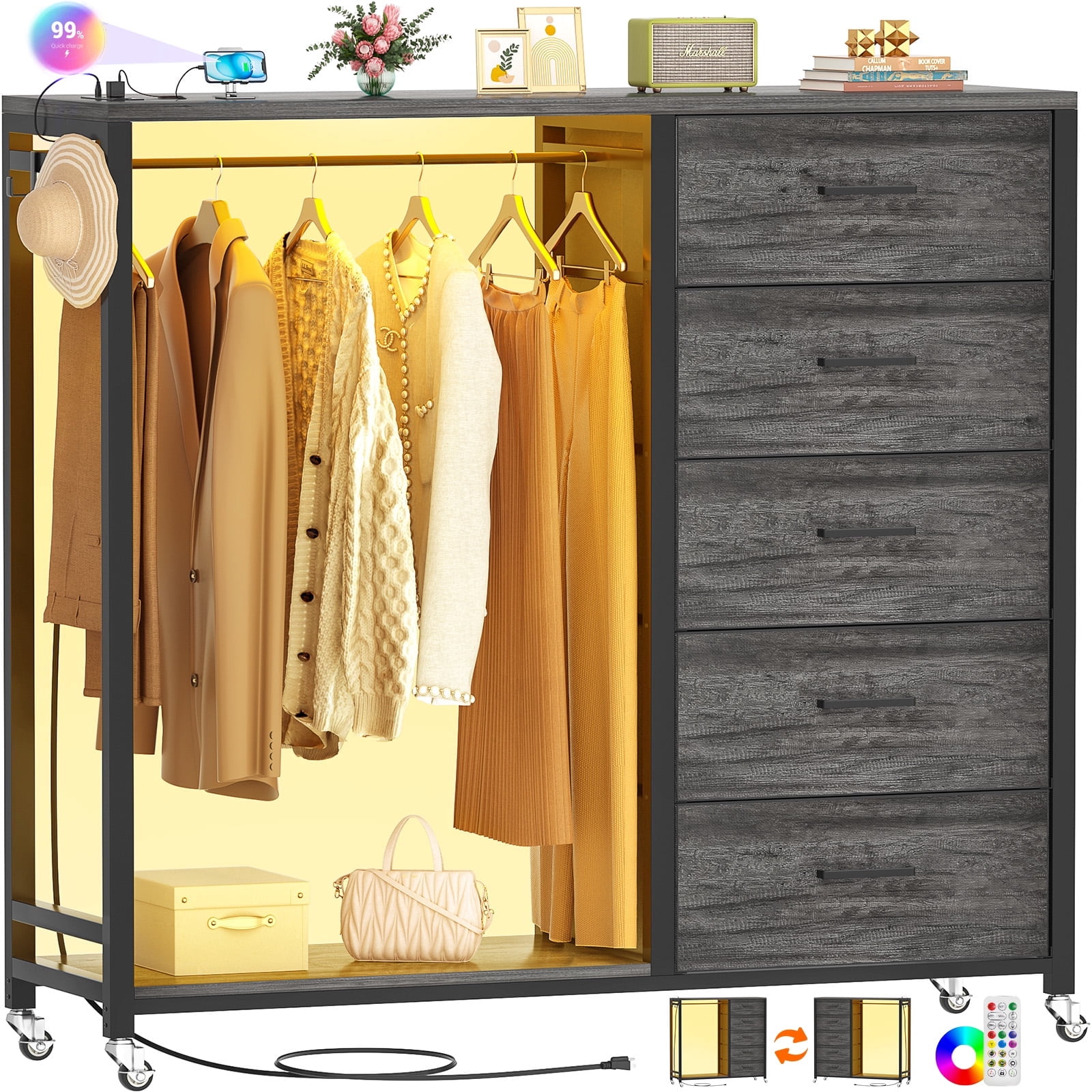 Aheaplus Dresser for Bedroom with Clothes Rack, 5 Drawers Dresser with ...