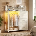 thumbnail image 1 of Aheaplus Dresser for Bedroom with Clothes Rack & Shelves, 5 Drawers Dresser with Charging Station & LED Lights, Chest of Drawers with Lockable Wheels, Storage Shelves, Bedroom, Entryway,White Oak, 1 of 8