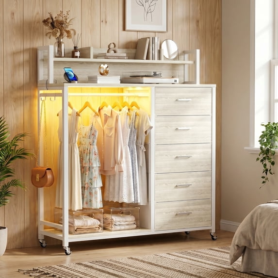 Aheaplus Dresser for Bedroom with Clothes Rack & Shelves, 5 Drawers Dresser with Charging Station & LED Lights, Chest of Drawers with Lockable Wheels, Storage Shelves, Bedroom, Entryway,White Oak